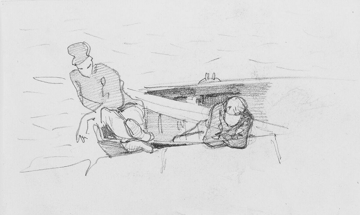 Two Men in Boat, John Singer Sargent (American, Florence 1856–1925 London), Graphite and gray pencil on off-white wove paper, American