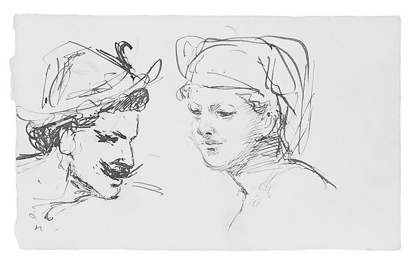 Two Heads, John Singer Sargent (American, Florence 1856–1925 London), Pen and ink on off-white wove paper, American 