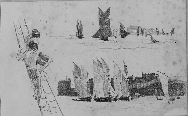 Two Men in Ship's Rigging, Two Scenes with Sailboats (from Scrapbook), John Singer Sargent (American, Florence 1856–1925 London), Graphite on off-white wove paper, American