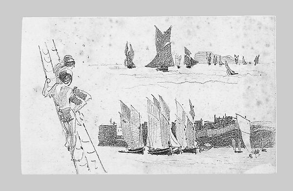 Two Men in Ship's Rigging, Two Scenes with Sailboats (from Scrapbook), John Singer Sargent (American, Florence 1856–1925 London), Graphite on off-white wove paper, American