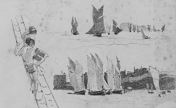 Two Men in Ship's Rigging, Two Scenes with Sailboats (from Scrapbook), John Singer Sargent (American, Florence 1856–1925 London), Graphite on off-white wove paper, American