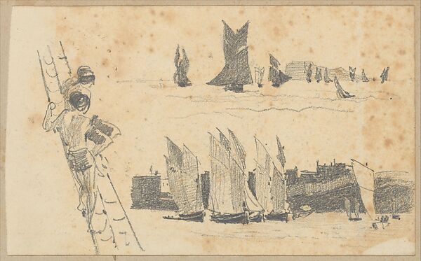 Two Men in Ship's Rigging, Two Scenes with Sailboats (from Scrapbook), John Singer Sargent (American, Florence 1856–1925 London), Graphite on off-white wove paper, American 