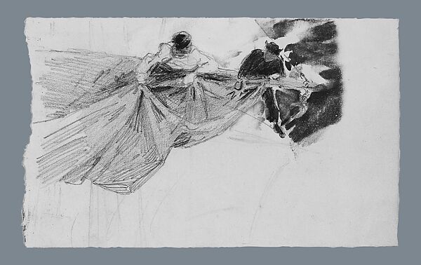 Two Sailors Furling Sail (from scrapbook), John Singer Sargent (American, Florence 1856–1925 London), Watercolor and graphite on off-white paper, American