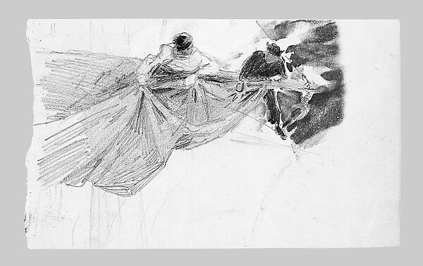 Two Sailors Furling Sail (from scrapbook), John Singer Sargent (American, Florence 1856–1925 London), Watercolor and graphite on off-white paper, American