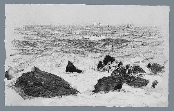 Waves Breaking on Rocks (from scrapbook), John Singer Sargent (American, Florence 1856–1925 London), Watercolor and graphite on off-white wove paper, American