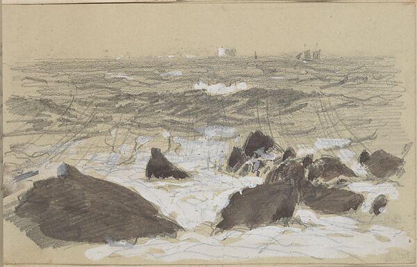 Waves Breaking on Rocks (from scrapbook), John Singer Sargent (American, Florence 1856–1925 London), Watercolor and graphite on off-white wove paper, American 