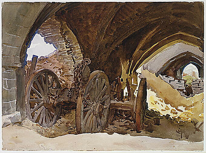 Wheels in Vault, John Singer Sargent (American, Florence 1856–1925 London), Watercolor, graphite, and wax on white wove paper, American