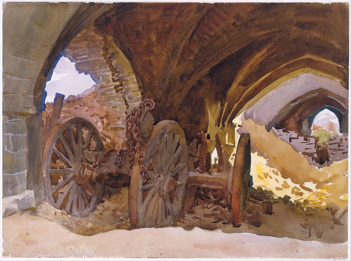 Wheels in Vault, John Singer Sargent (American, Florence 1856–1925 London), Watercolor, graphite, and wax on white wove paper, American