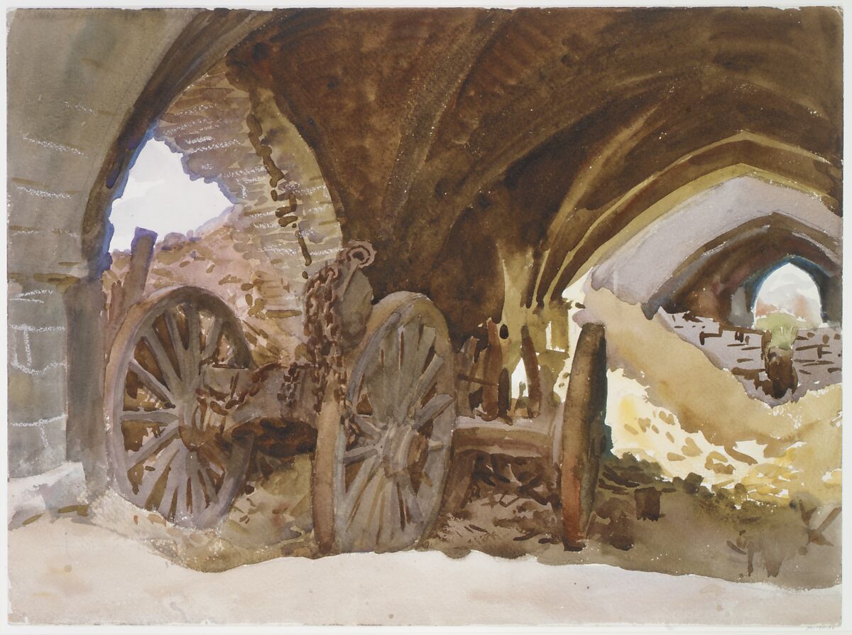 Wheels in Vault, John Singer Sargent (American, Florence 1856–1925 London), Watercolor, graphite, and wax on white wove paper, American