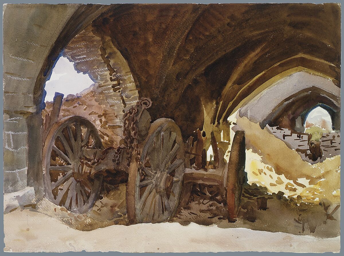 Wheels in Vault, John Singer Sargent (American, Florence 1856–1925 London), Watercolor, graphite, and wax on white wove paper, American