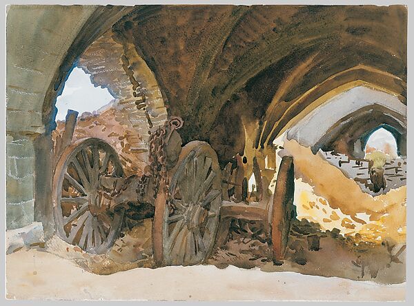 Wheels in Vault, John Singer Sargent (American, Florence 1856–1925 London), Watercolor, graphite, and wax on white wove paper, American 