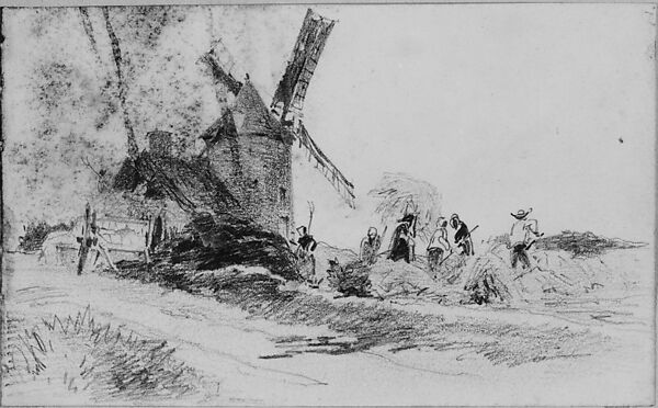 Windmill and Reapers (from Scrapbook), John Singer Sargent (American, Florence 1856–1925 London), Graphite on off-white wove paper, American