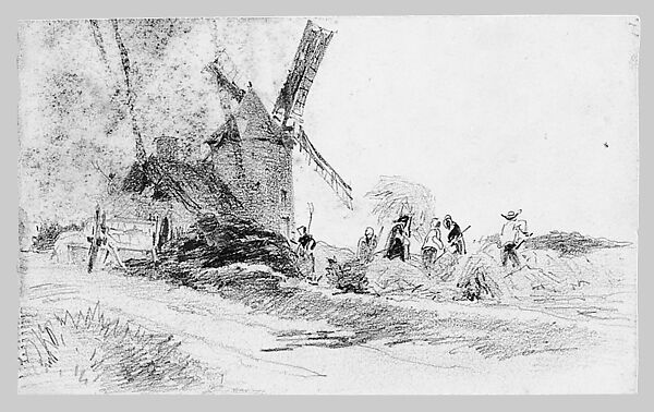 Windmill and Reapers (from Scrapbook), John Singer Sargent (American, Florence 1856–1925 London), Graphite on off-white wove paper, American