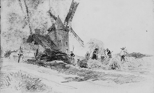 Windmill and Reapers (from Scrapbook), John Singer Sargent (American, Florence 1856–1925 London), Graphite on off-white wove paper, American 