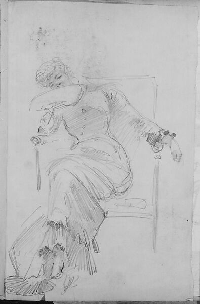 Seated Woman with Fan (from Scrapbook), John Singer Sargent (American, Florence 1856–1925 London), Graphite on off-white wove paper, American
