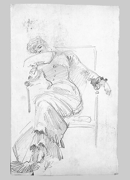 Seated Woman with Fan (from Scrapbook), John Singer Sargent (American, Florence 1856–1925 London), Graphite on off-white wove paper, American