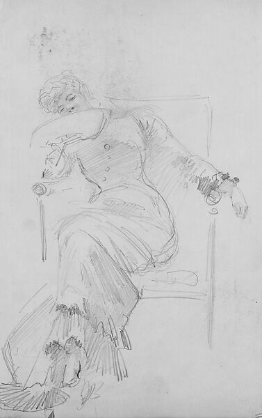Seated Woman with Fan (from Scrapbook), John Singer Sargent (American, Florence 1856–1925 London), Graphite on off-white wove paper, American 