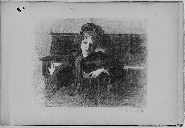 Woman Seated before Piano (from Scrapbook), John Singer Sargent (American, Florence 1856–1925 London), Charcoal and graphite on off-white wove paper, American