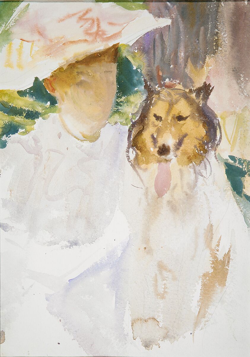 Woman with Collie, John Singer Sargent (American, Florence 1856–1925 London), Watercolor, gouache, and graphite on white wove paper, American