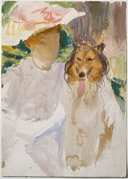 Woman with Collie, John Singer Sargent (American, Florence 1856–1925 London), Watercolor, gouache, and graphite on white wove paper, American 