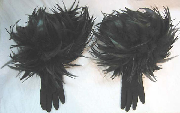 Gloves, a,b) synthetic, silk, feathers, American or European 