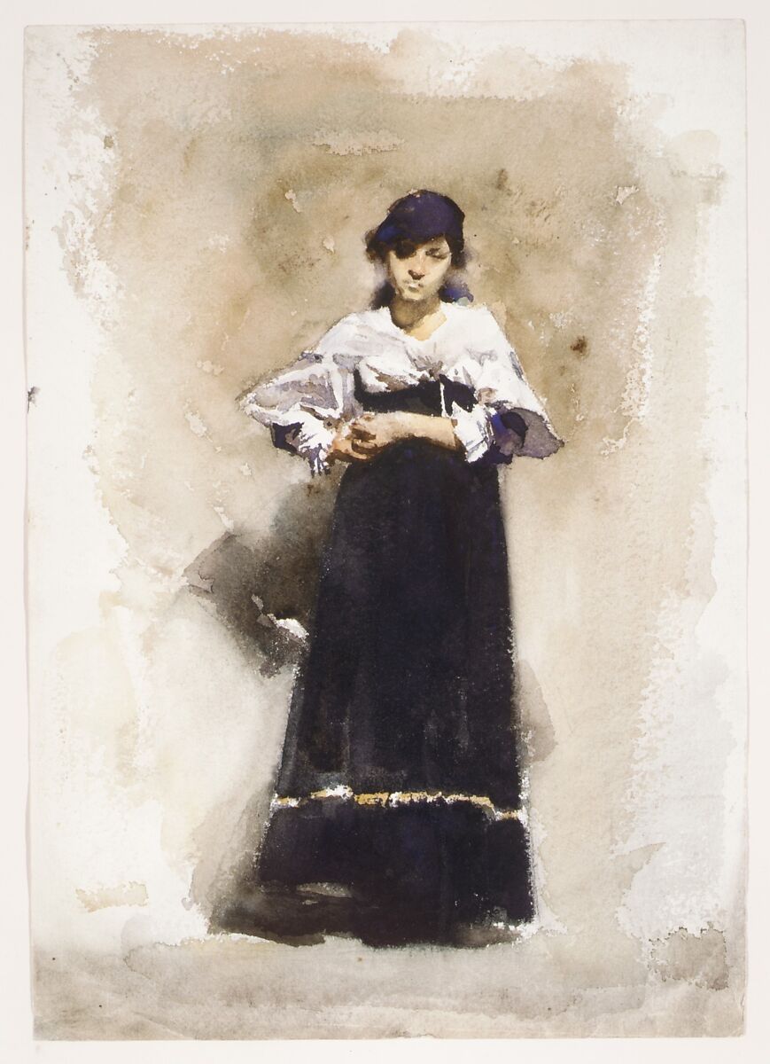 Young Woman with a Black Skirt, John Singer Sargent (American, Florence 1856–1925 London), Watercolor and graphite on white wove paper, American