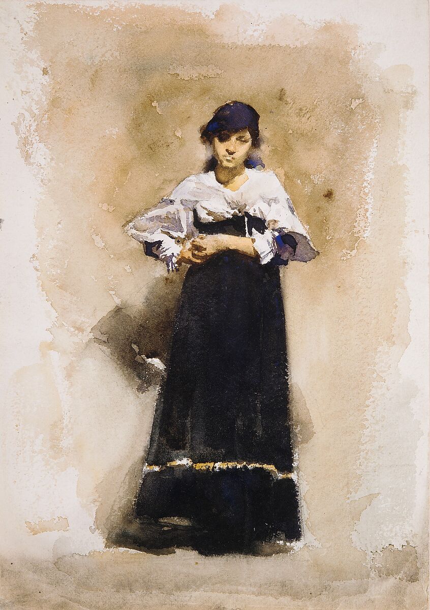 Young Woman with a Black Skirt, John Singer Sargent (American, Florence 1856–1925 London), Watercolor and graphite on white wove paper, American