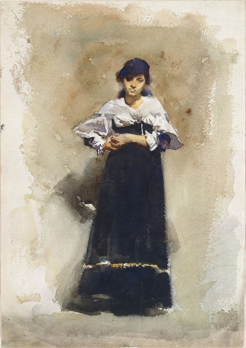 Young Woman with a Black Skirt, John Singer Sargent (American, Florence 1856–1925 London), Watercolor and graphite on white wove paper, American