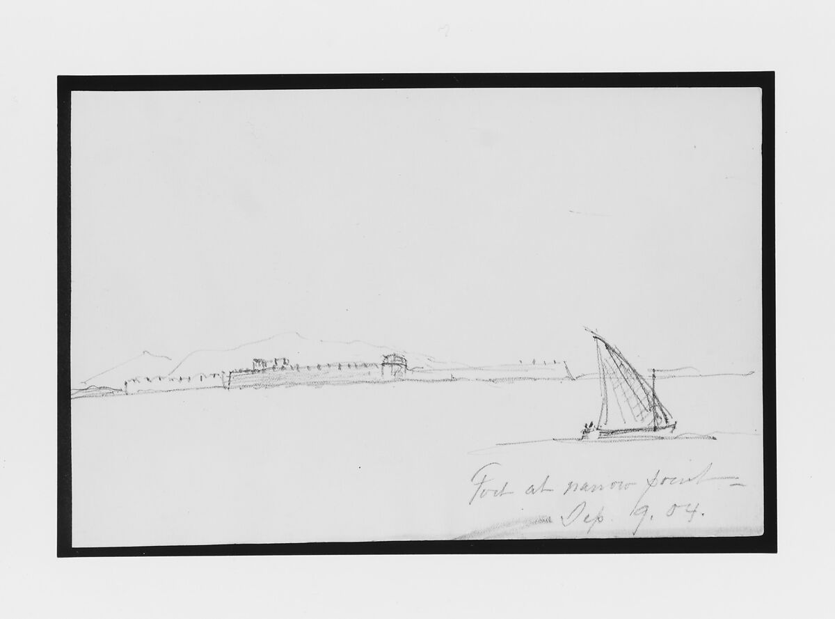 Mountains and Fort along Coast (from Sketchbook), Mary Newbold Sargent (1826–1906), Graphite on paper, American 