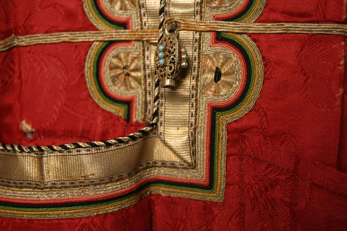 Dress, Silk, metal wrapped thread, turquoise; embroidered