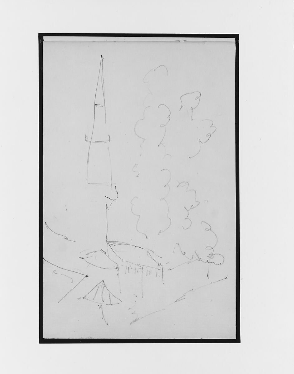 Sketch of Steeple and Trees (from Sketchbook), Mary Newbold Sargent (1826–1906), Graphite on paper, American 