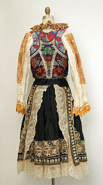 Wedding ensemble, cotton, silk, metal, Slovak