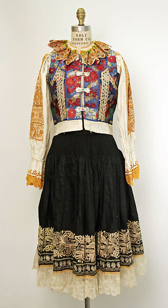 Wedding ensemble, cotton, silk, metal, Slovak 