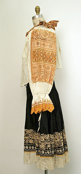 Wedding ensemble, cotton, silk, metal, Slovak