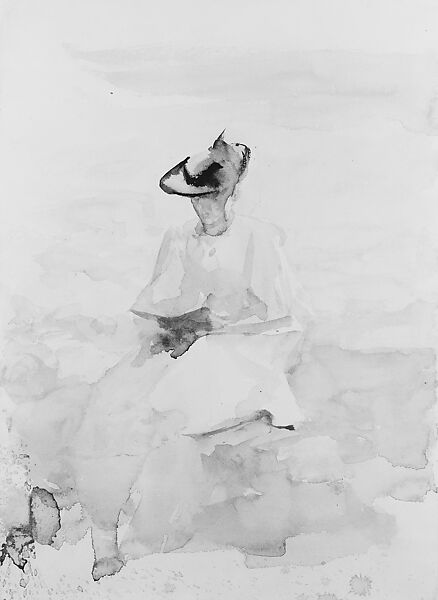 Woman Reading a Book on a Beach, James Jebusa Shannon (1862–1923), Watercolor and graphite on white wove paper, American 