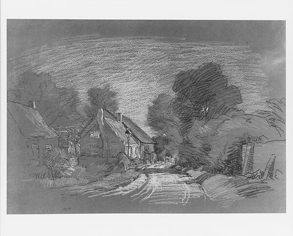 View of Cottages, Alexander Shilling (American, Chicago, Illinois 1859–1937 New York), Colored wax pencil, graphite and black crayon on brown wove paper laminated to pulpboard, American