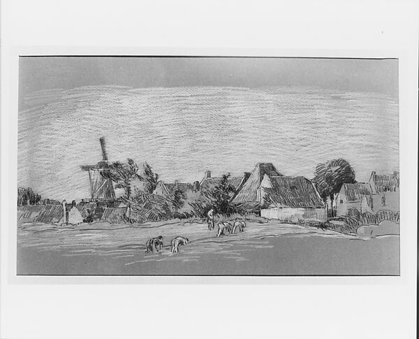 View of a Village with a Windmill, Alexander Shilling (American, Chicago, Illinois 1859–1937 New York), Colored wax pencil and graphite on brown wove paper laminated to pulpboard, American