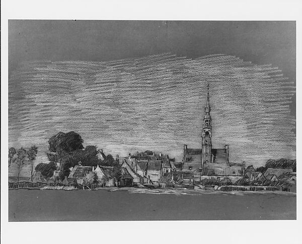 View of Veere, the Netherlands, Alexander Shilling (American, Chicago, Illinois 1859–1937 New York), Black and colored crayon on brown wove paper laid down to pulpboard, American