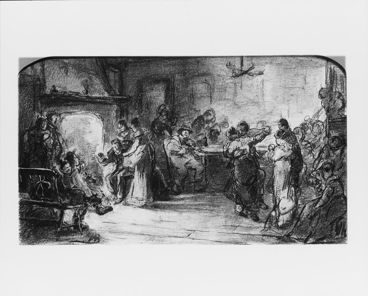 The Country Dance, Walter Shirlaw (American, Paisley, Scotland 1838–1909 Madrid), Black chalk, gouache, black watercolor, and charcoal on off-white laid paper, mounted on cardboard, American