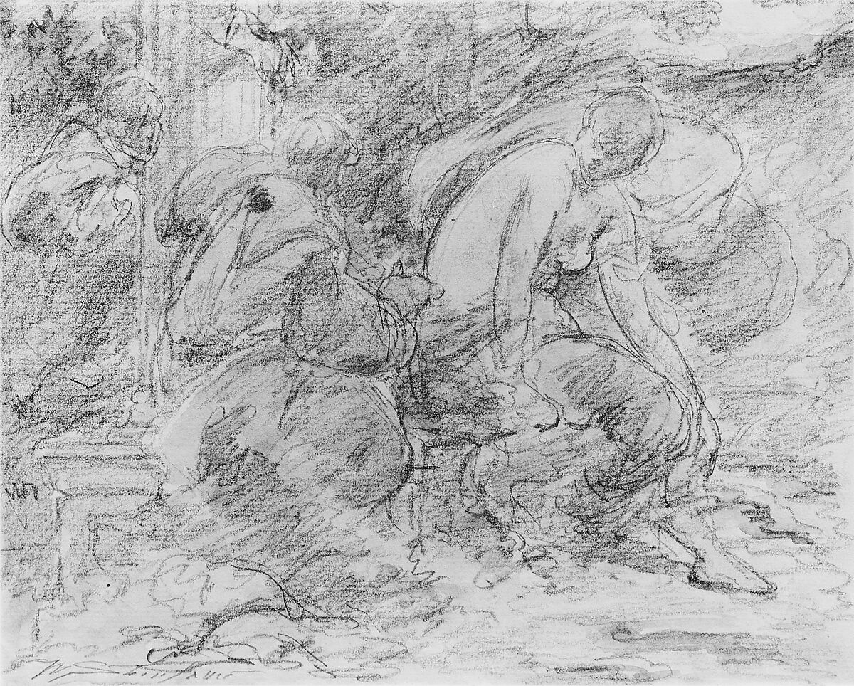 Susanna and the Elders, Walter Shirlaw (American, Paisley, Scotland 1838–1909 Madrid), Graphite and watercolor on off-white laid paper, American