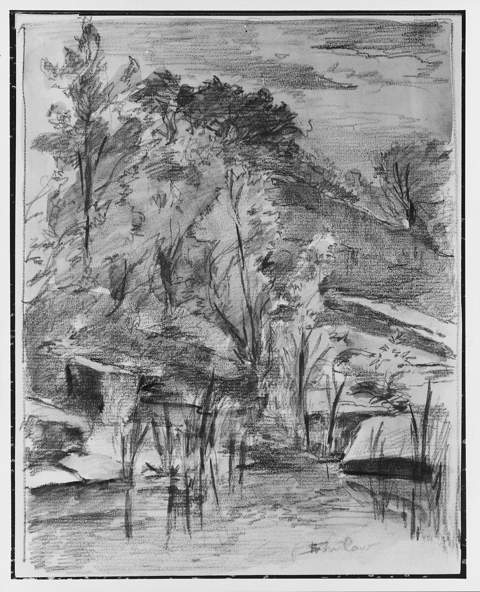 Trees and Stream, Walter Shirlaw (American, Paisley, Scotland 1838–1909 Madrid), Graphite and watercolor on off-white laid paper, American
