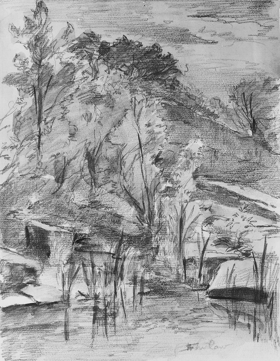 Trees and Stream, Walter Shirlaw (American, Paisley, Scotland 1838–1909 Madrid), Graphite and watercolor on off-white laid paper, American 