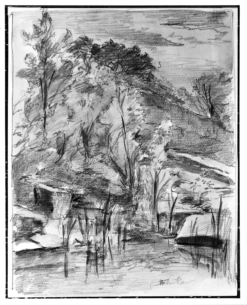 Trees and Stream, Walter Shirlaw (American, Paisley, Scotland 1838–1909 Madrid), Graphite and watercolor on off-white laid paper, American