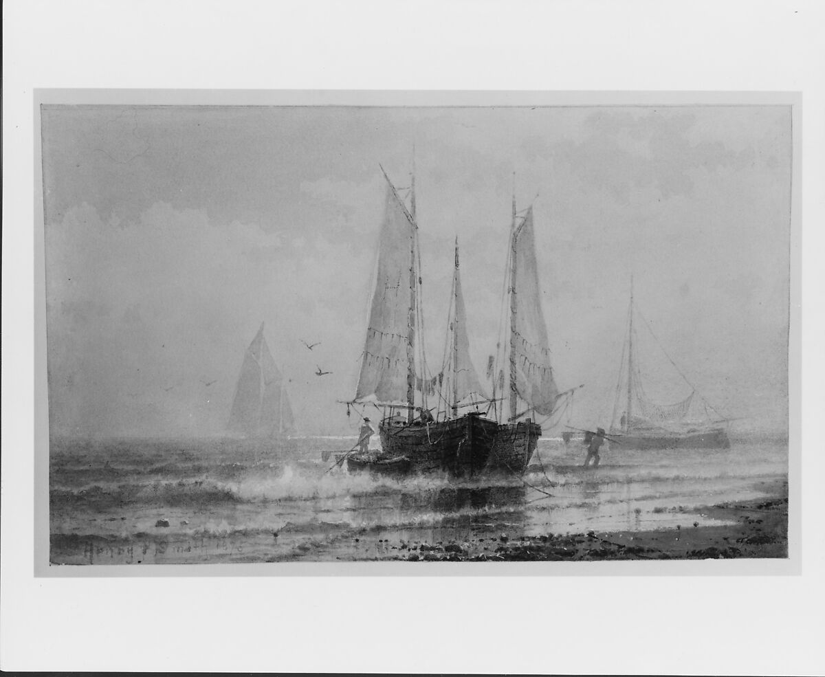 Seascape—Fishing Boats by the Shore, Henry Pember Smith (1854–1907), Watercolor and gouache in off-white wove paper, American