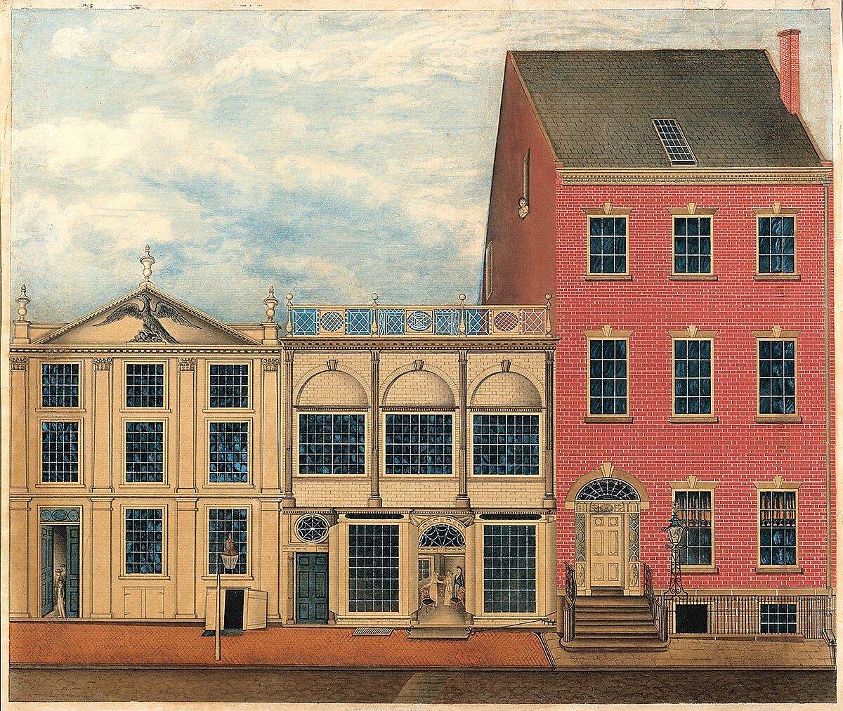 Shop and Warehouse of Duncan Phyfe, 168–172 Fulton Street, New York City, Watercolor, ink, and gouache on white laid paper, American