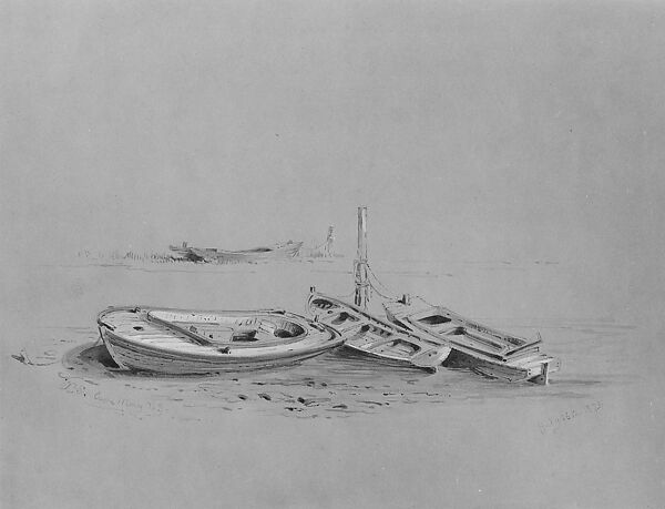 Boats at Cape May, Xanthus Russell Smith (1839–1929), Watercolor, gouache, ink, and graphite on light brown wove paper, American 