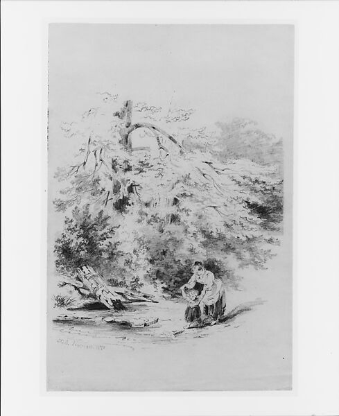 Mother and Child at a Stream, Xanthus Russell Smith (1839–1929), Graphite on paper, American