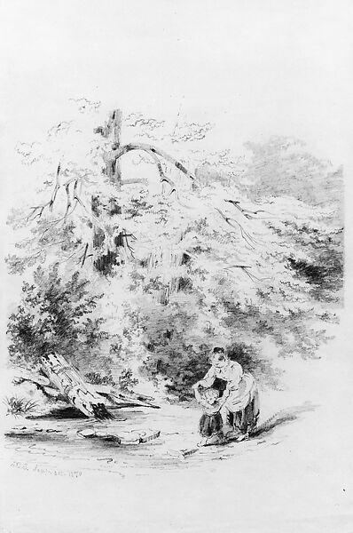 Mother and Child at a Stream, Xanthus Russell Smith (1839–1929), Graphite on paper, American 