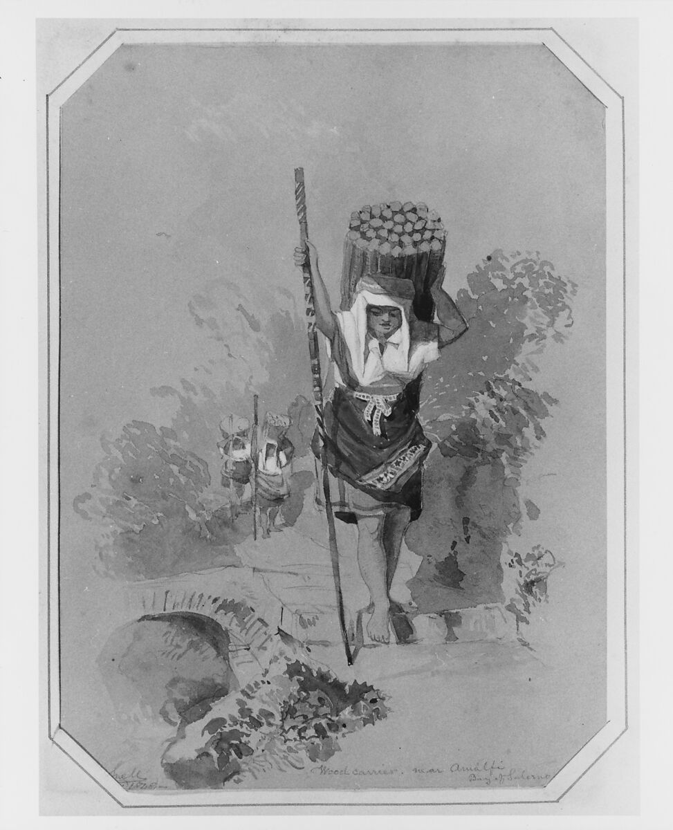 Wood Carrier, near Amalfi (from Cropsey Album), George Snell (1820–1893), Graphite, gouache, and watercolor on brown wove paper, American