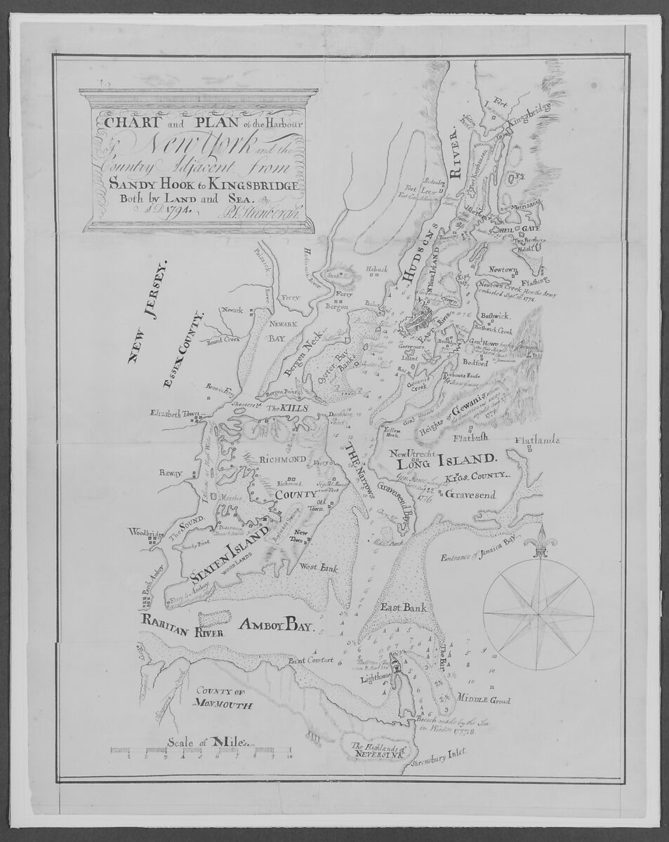 Chart and Plan of the Harbour of New York, Possibly Peter Van Steenbergh, Pen and iron-gall ink on off-white laid paper, American 